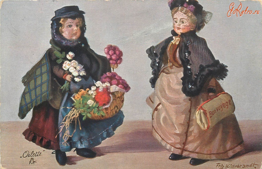 Ретро открытки - Цветочница с букетами и дама с саквояжем