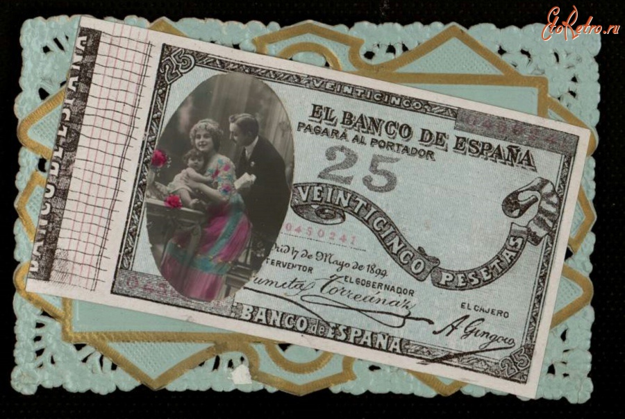 Ретро открытки - Банкнота, семейный портрет и кружево