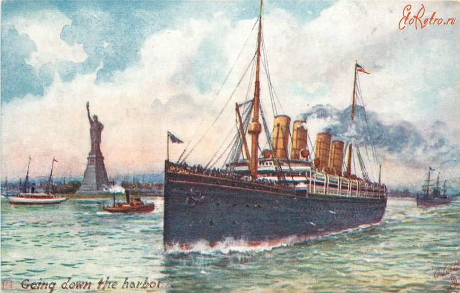 Ретро открытки - Вход в Нью-йоркскую гавань  парохода Саванна