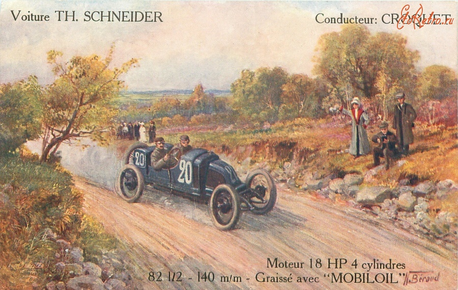 Ретро открытки - Автомобиль N.20 ТН Шнайдер и гонщик Крокет