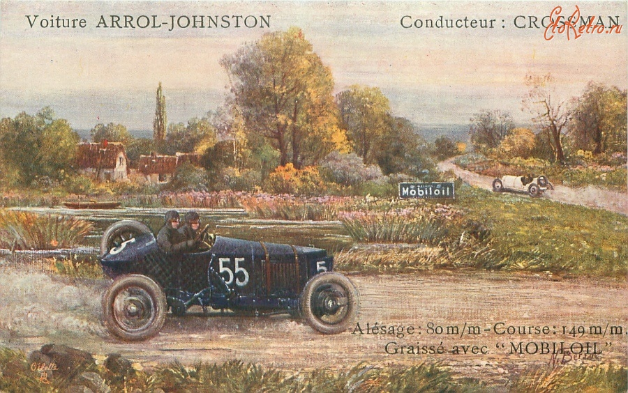 Ретро открытки - Автомобиль N.55 Аррол-Джонстон и гонщик Кроссман