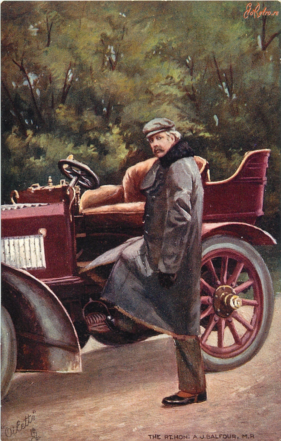 Ретро открытки - А.Дж. Бельфор возле своего автомобиля
