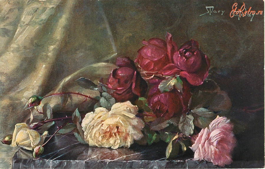 Ретро открытки - Красные, розовые и жёлтые розы на зелёном фоне