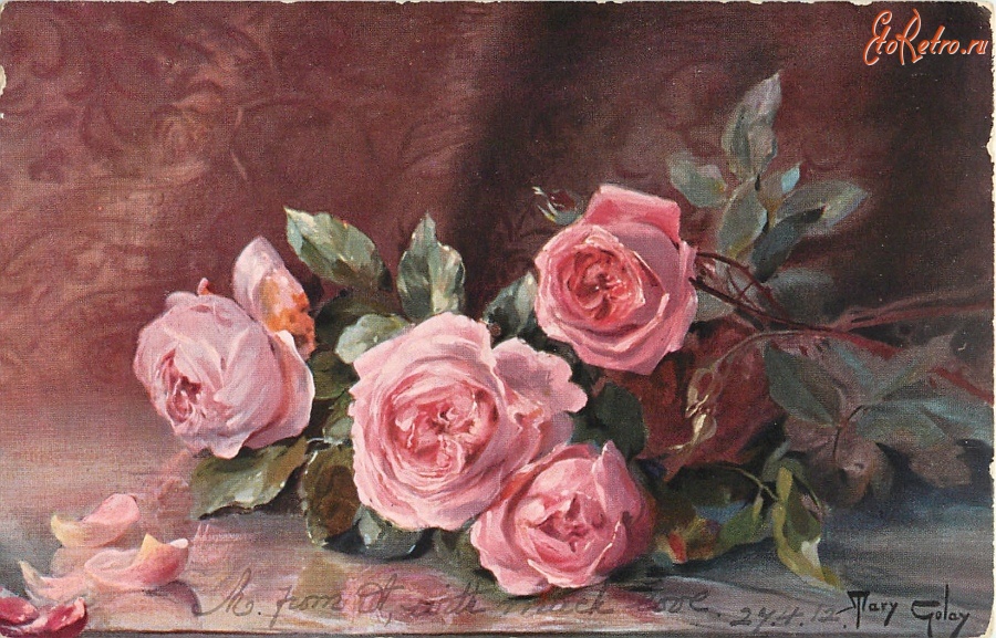 Ретро открытки - Бледные розы на тёмно-розовом фоне