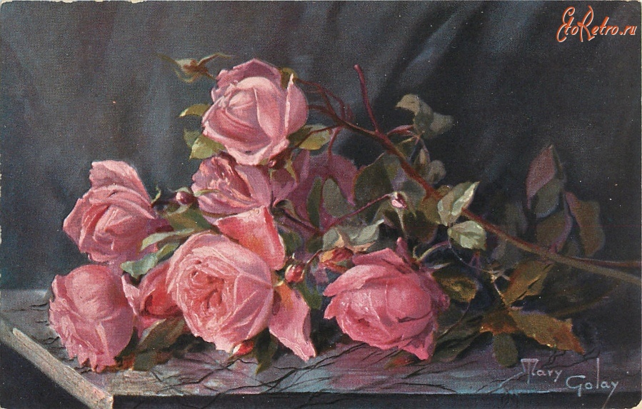 Ретро открытки - Букет бледно-розовых роз на зелёном фоне