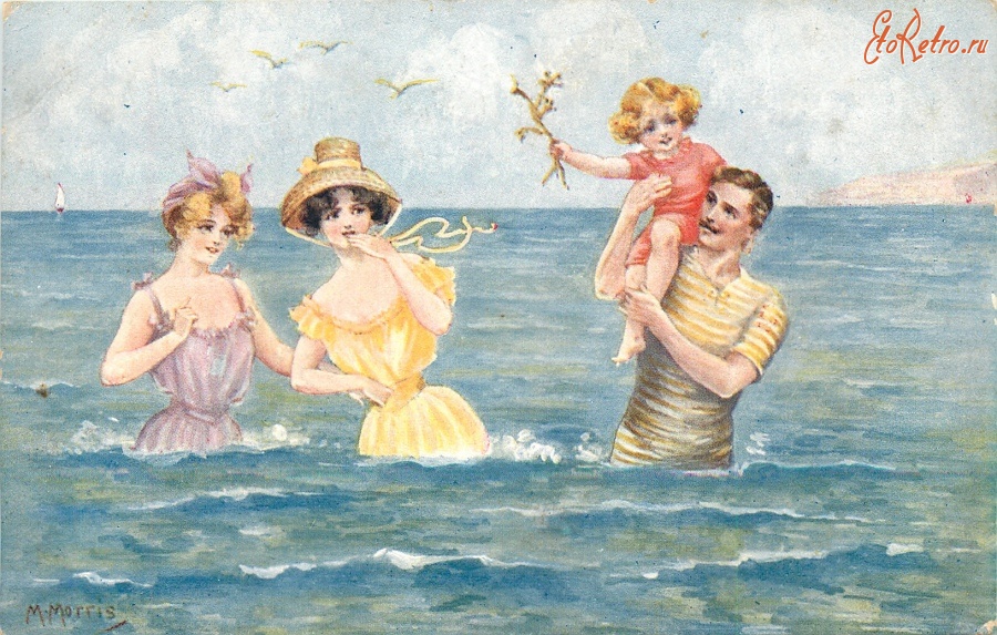 Ретро открытки - Купание в море в летний день