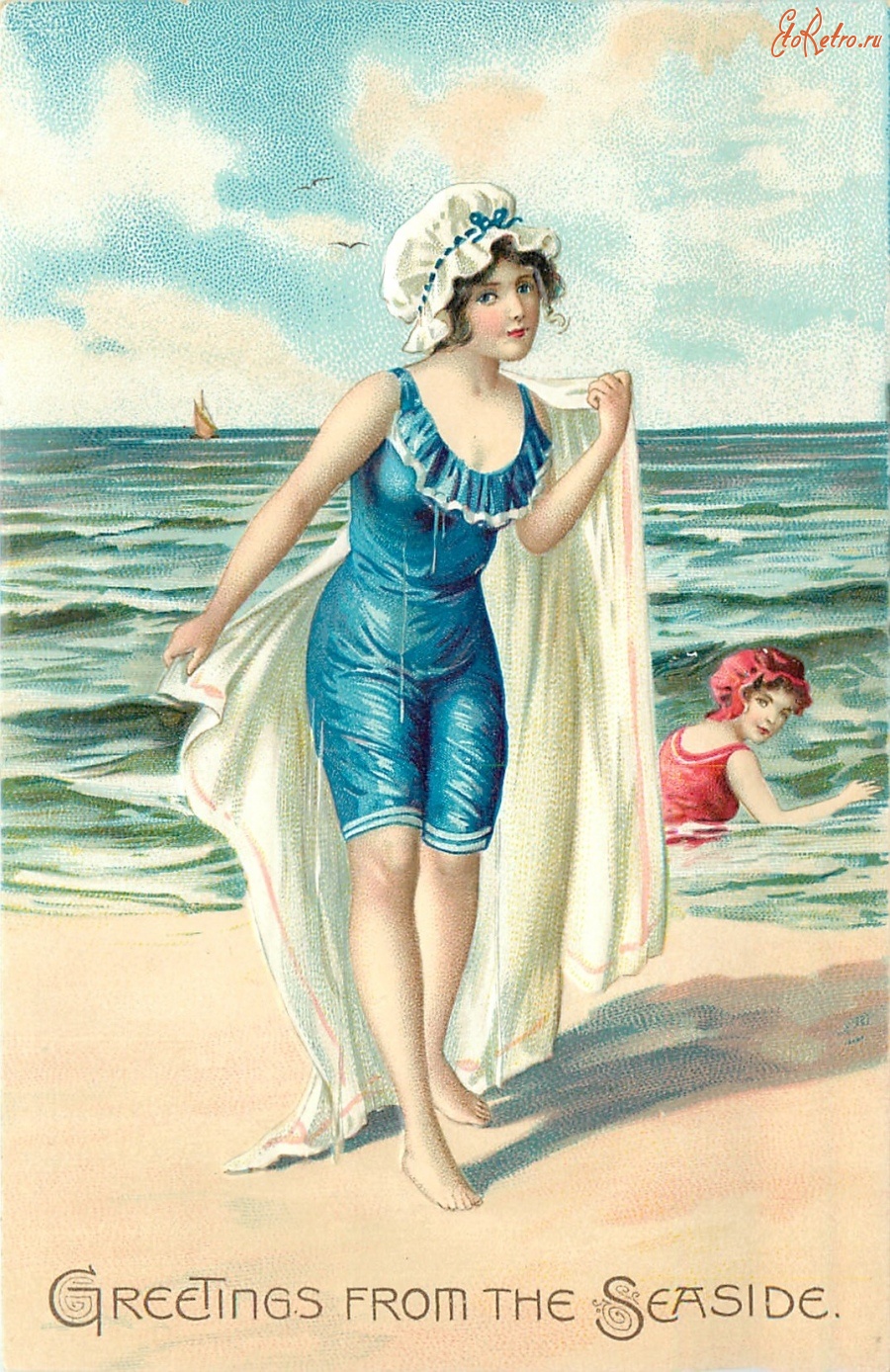 Ретро открытки - Девушка в голубом купальнике с полотенцем