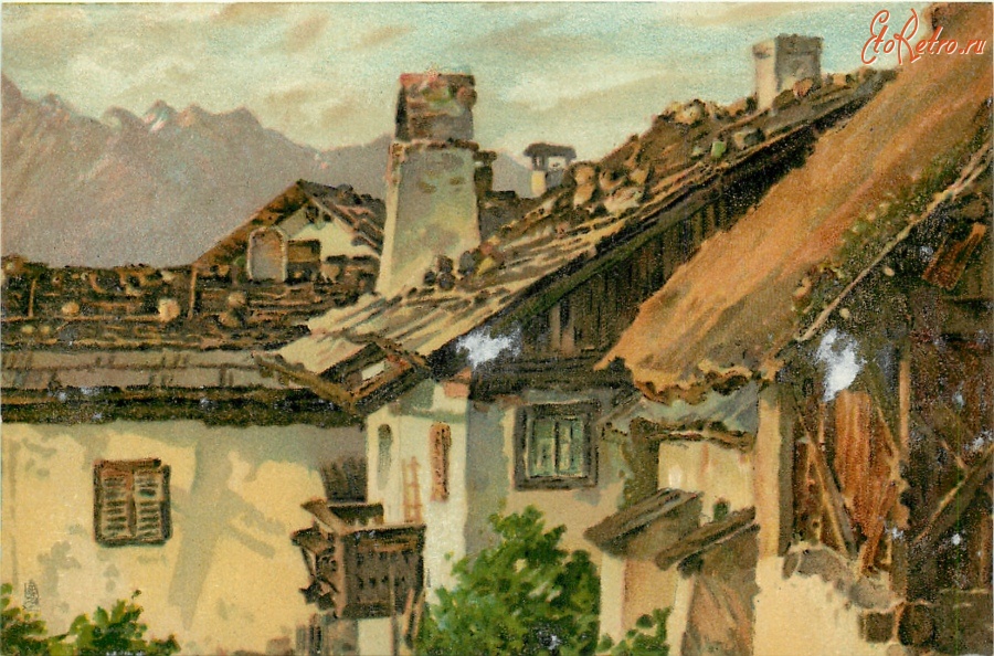 Ретро открытки - Старые дома в горном пейзаже