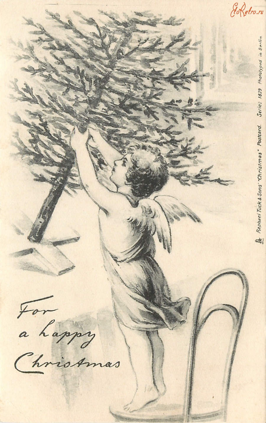 Ретро открытки - Ангел устанавливает рождественскую ёлку