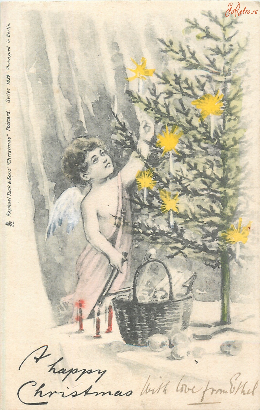 Ретро открытки - Ангел украшает рождественскую ёлку