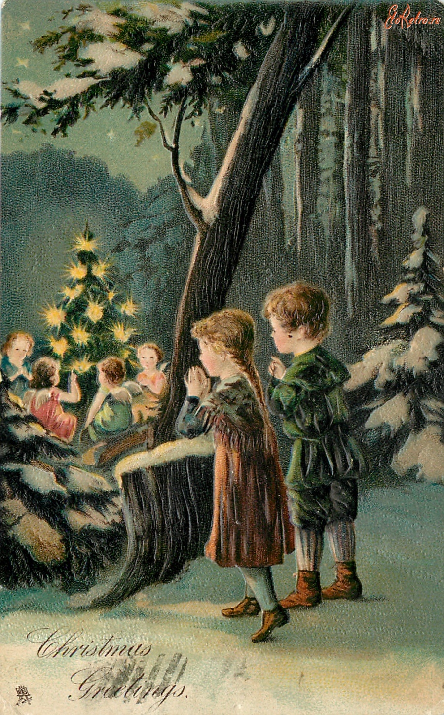Ретро открытки - Дети, ангелы и рождественский лес