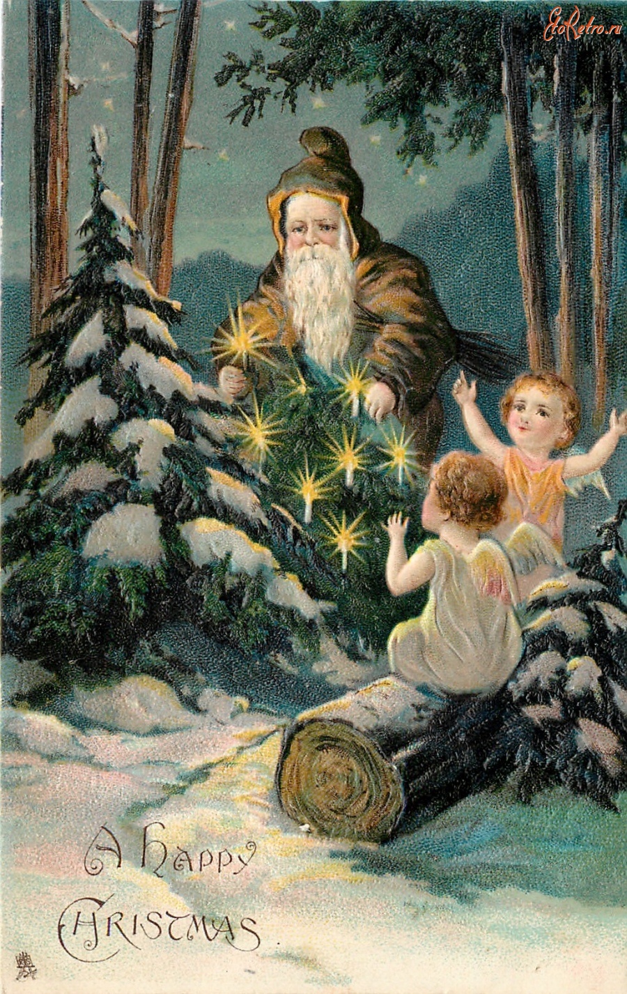 Ретро открытки - Санта, два ангела и ёлка с огнями
