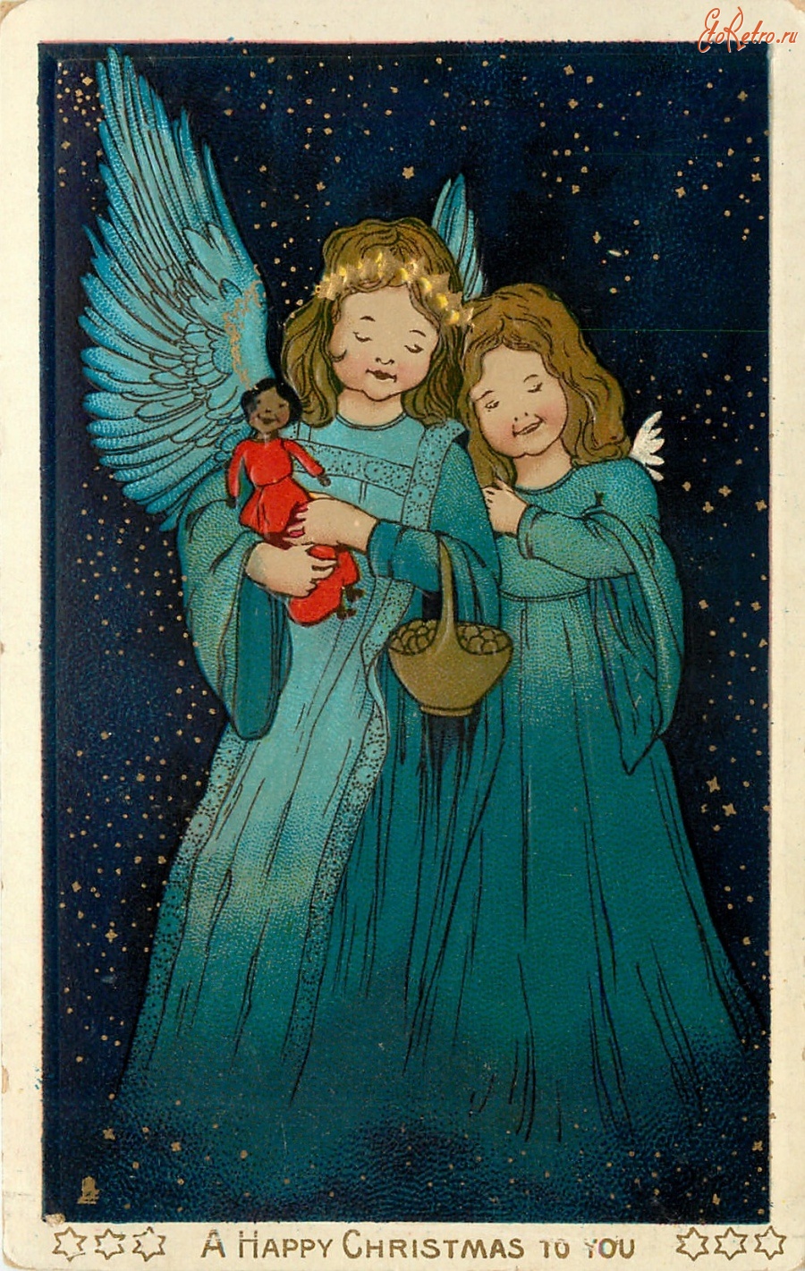 Ретро открытки - Два ангела, кукла и корзина с подарками