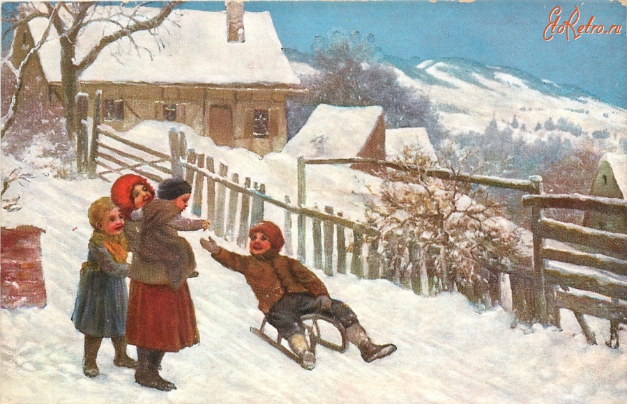 Ретро открытки - Альпийская деревня и дети на санках