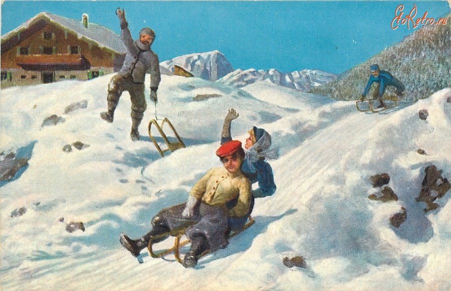 Ретро открытки - Зимний день в горах и катание на санках