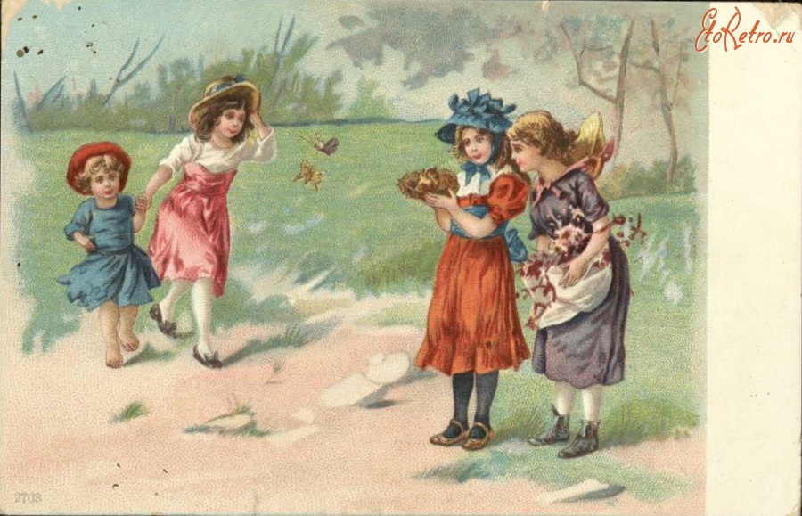 Ретро открытки - Девочки и птенцы в гнезде