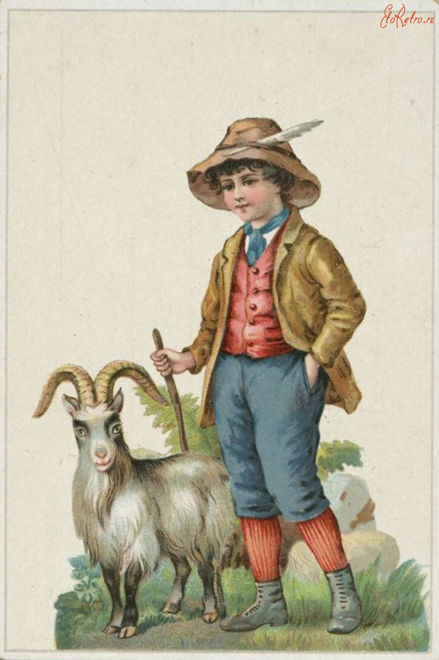 Ретро открытки - Мальчик-пастух в шляпе с пером