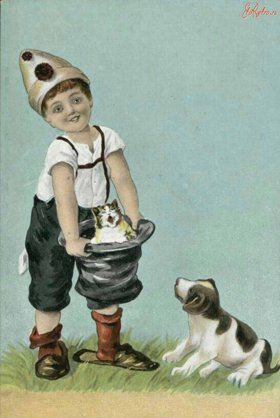 Ретро открытки - Мальчик, щенок и котёнок в шляпе