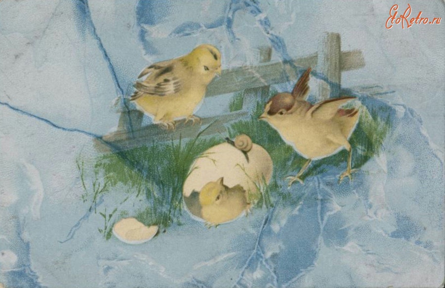 Ретро открытки - Цыплята, садовая скамейка и улитка