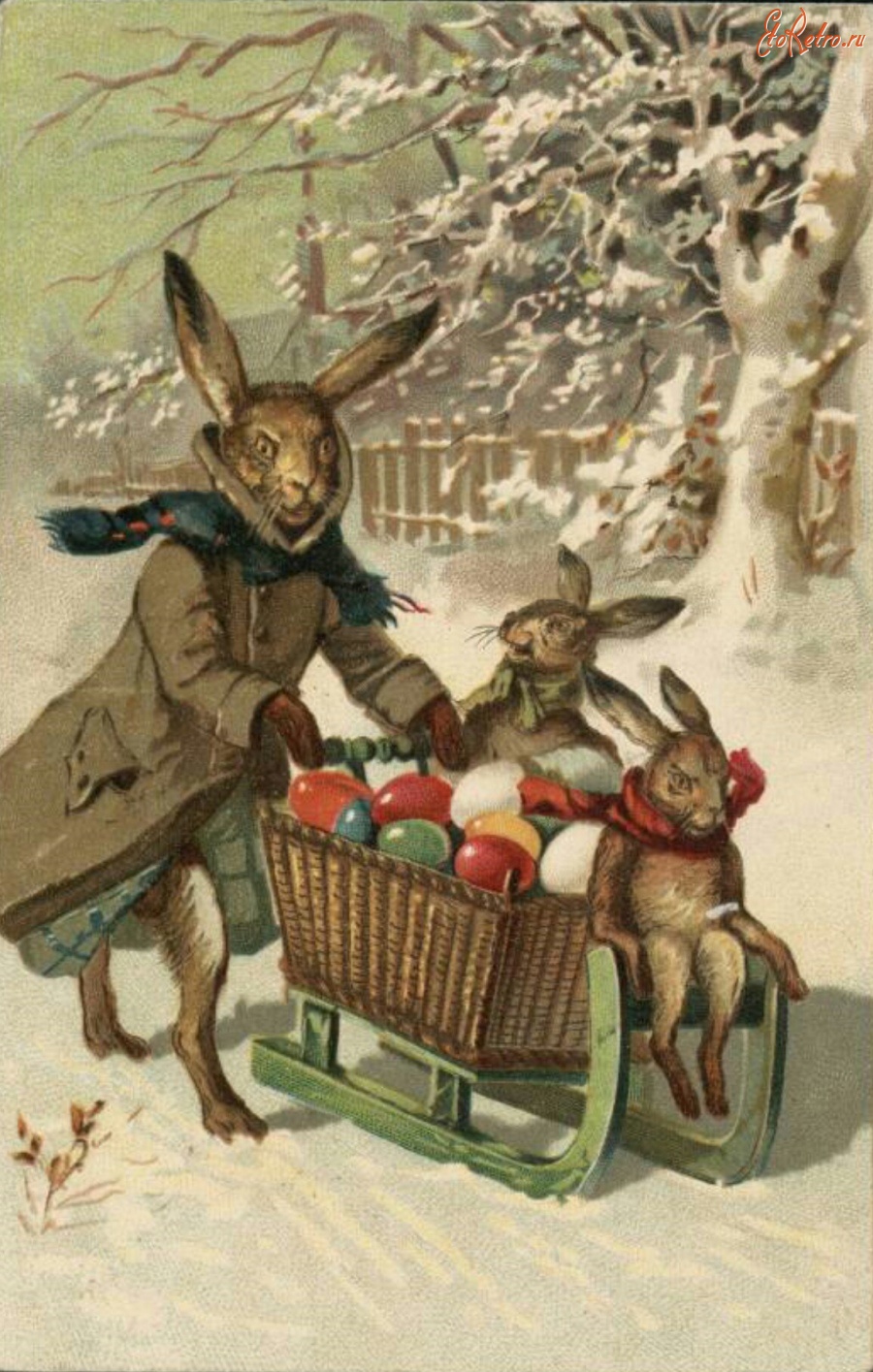 Ретро открытки - Кролик, крольчата на санках и пасхальная корзина