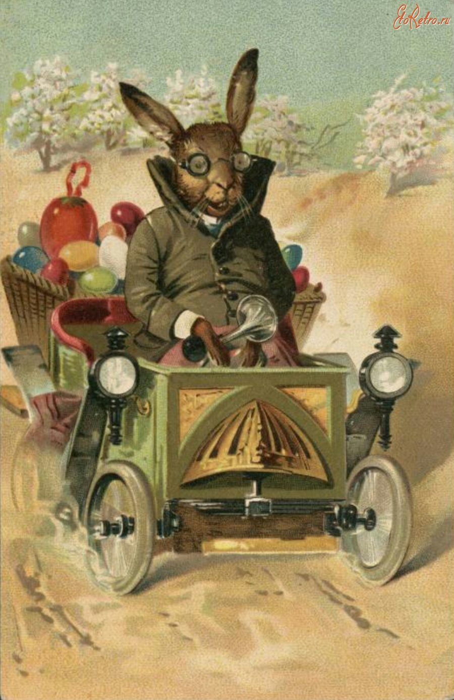Ретро открытки - Кролик в автомобиле и пасхальная корзина