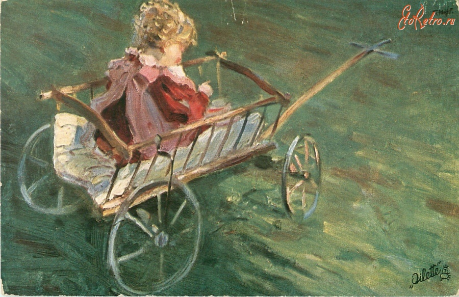 Ретро открытки - Маленькая девочка в коляске в саду