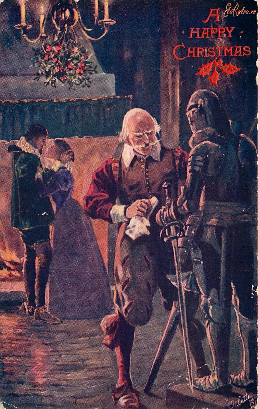 Ретро открытки - Рождественский поцелуй и рыцарские доспехи