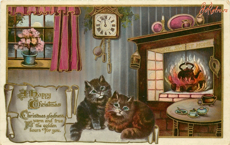 Ретро открытки - Рождественские кошки в милом доме
