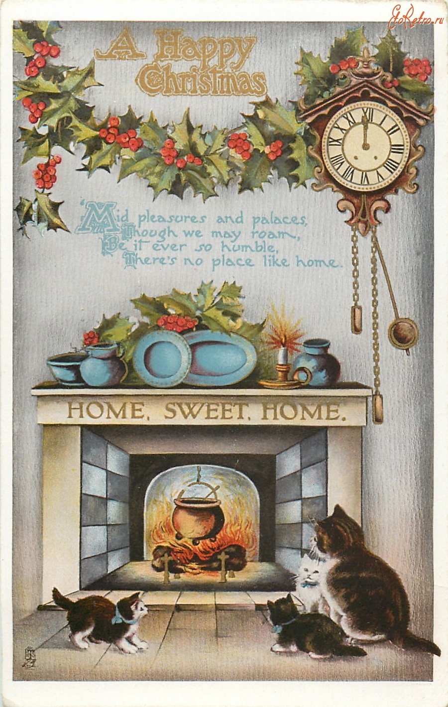 Ретро открытки - Рождественские кошки и семейный очаг