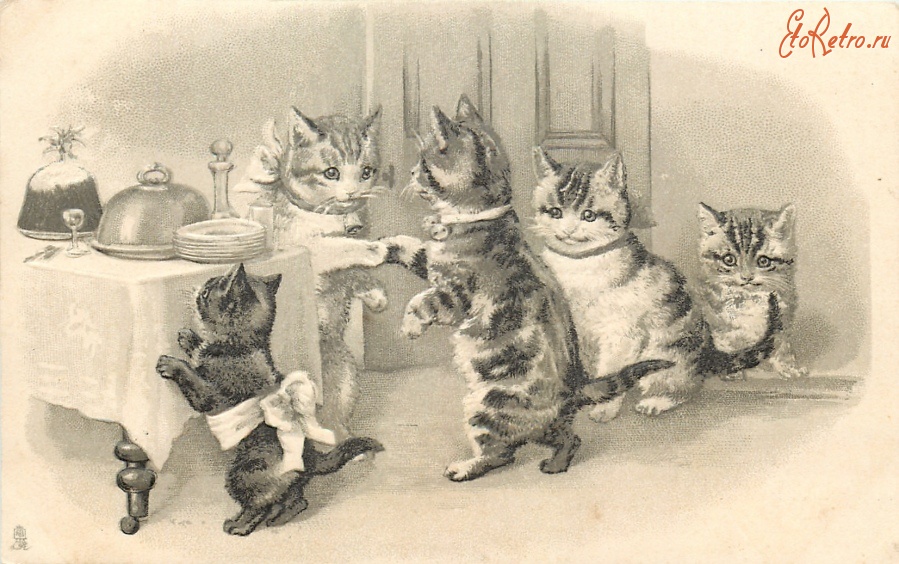 Ретро открытки - Пять котят и рождественская вечеринка