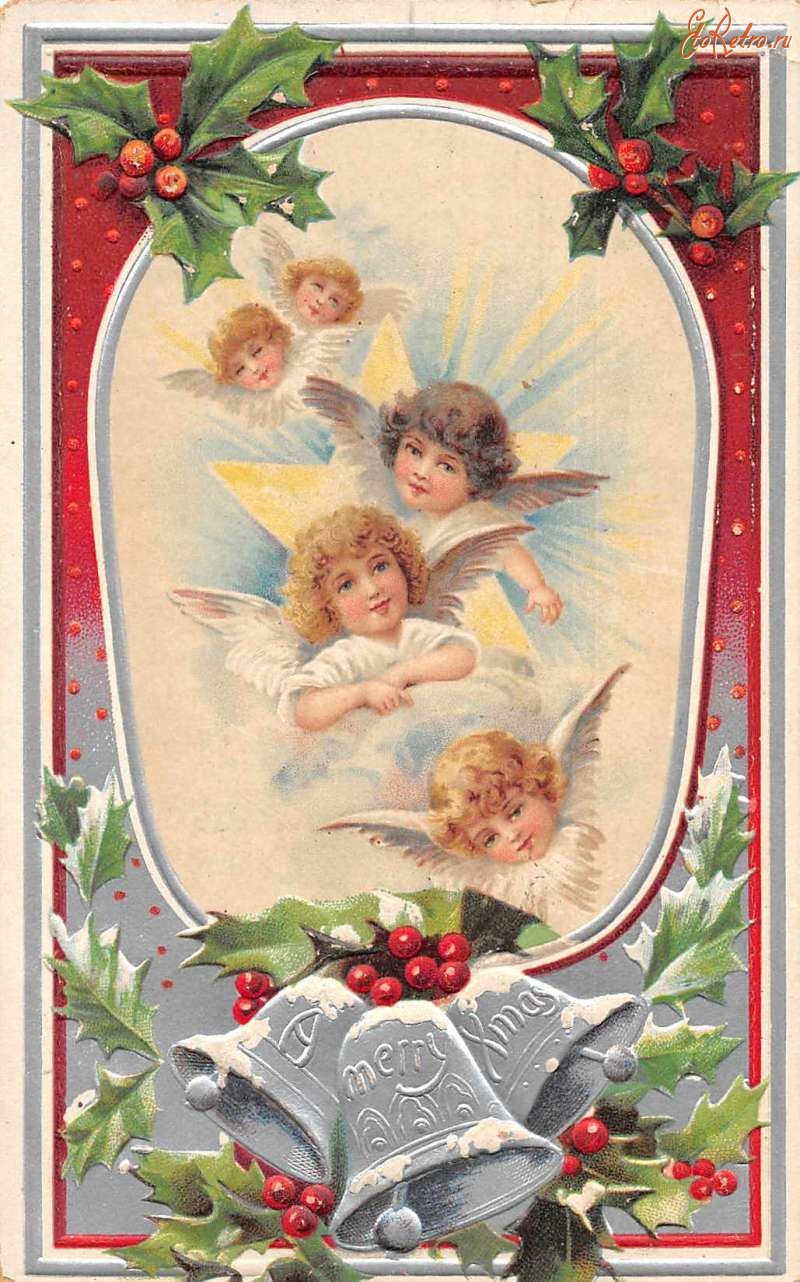 Ретро открытки - Ангелы,  рождественская звезда и колокола