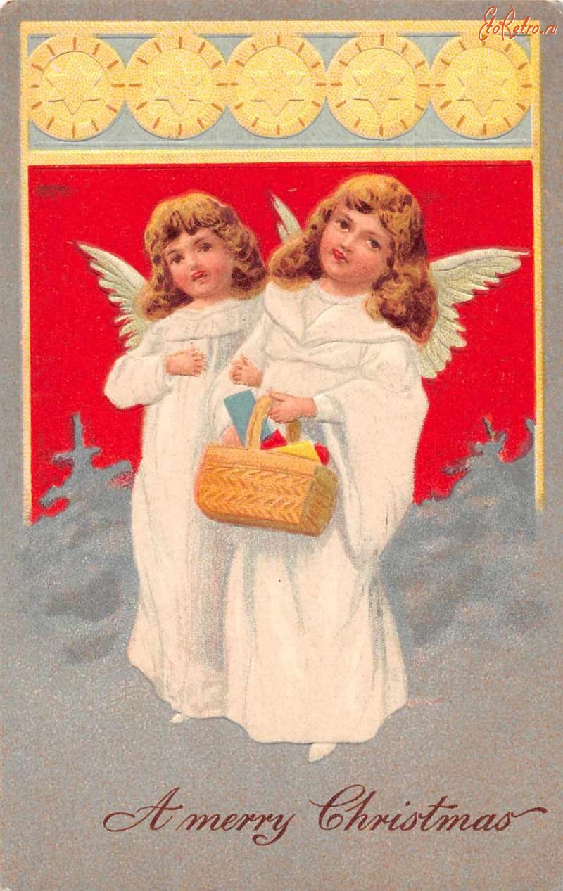 Ретро открытки - Два рождественских ангела с подарками