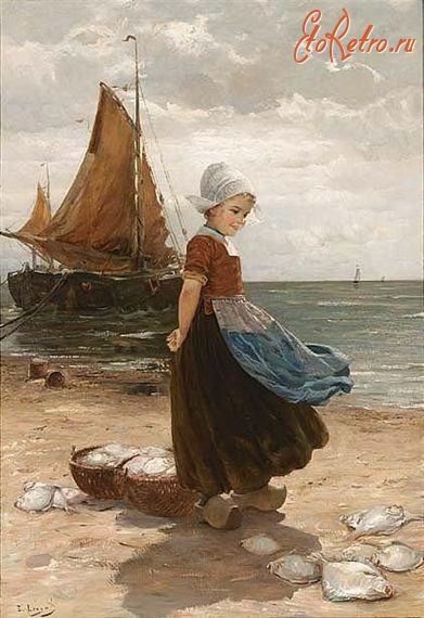 Ретро открытки - Ретро-поштівка.  Дівчина на березі моря з рибою. Нідерланди.