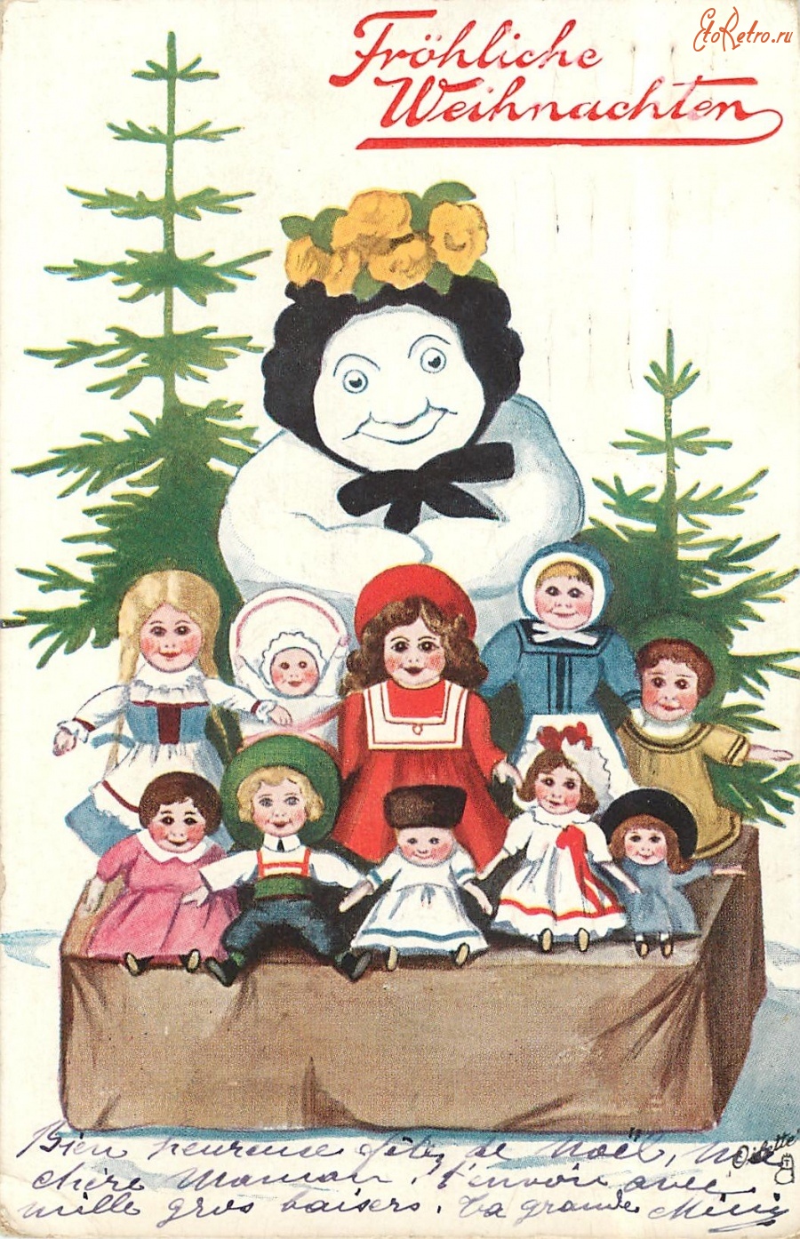 Ретро открытки - Десять кукол и снеговик на рождественской ярмарке