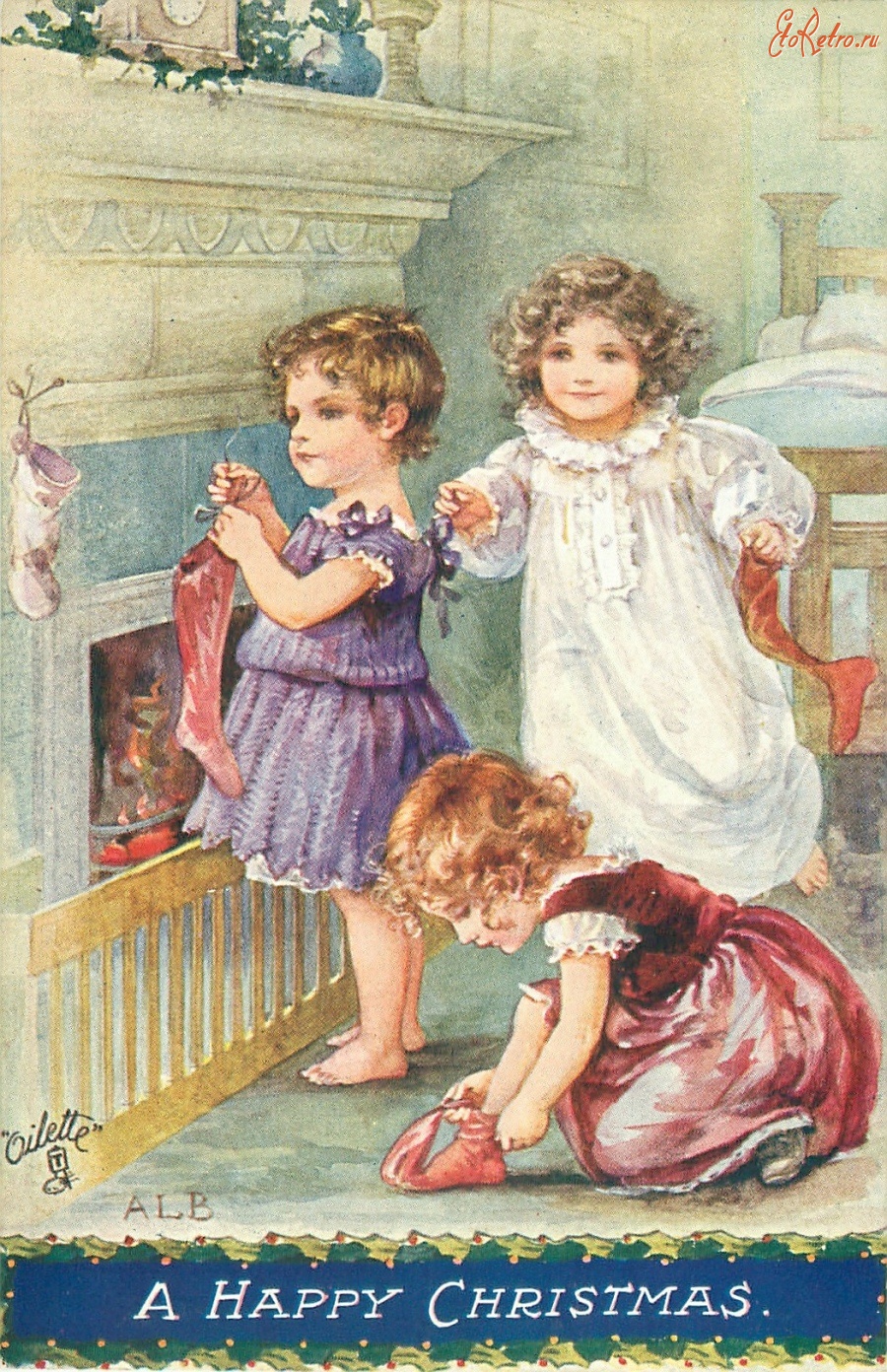 Ретро открытки - Девочки и рождественские чулки