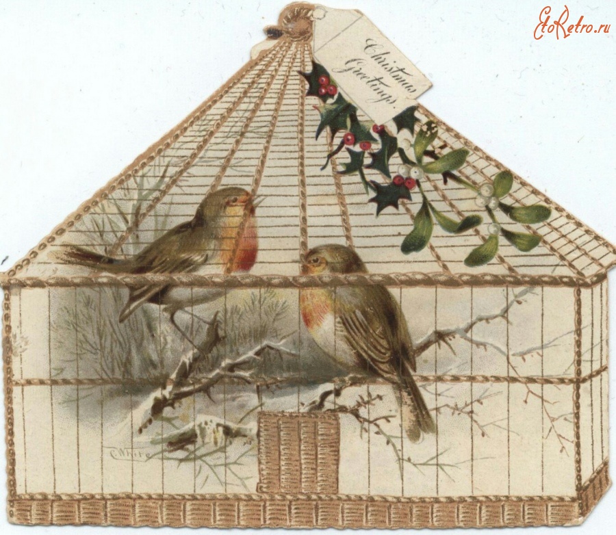 Ретро открытки - С Рождеством. Две малиновки и птичья клетка