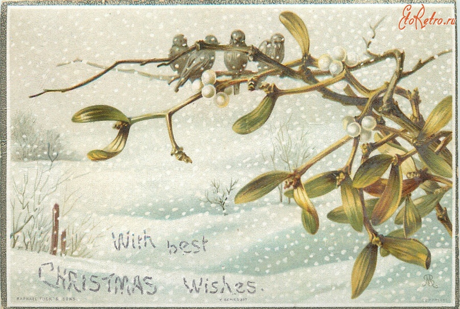 Ретро открытки - Счастливого Рождества. Дрозды и ветка омелы