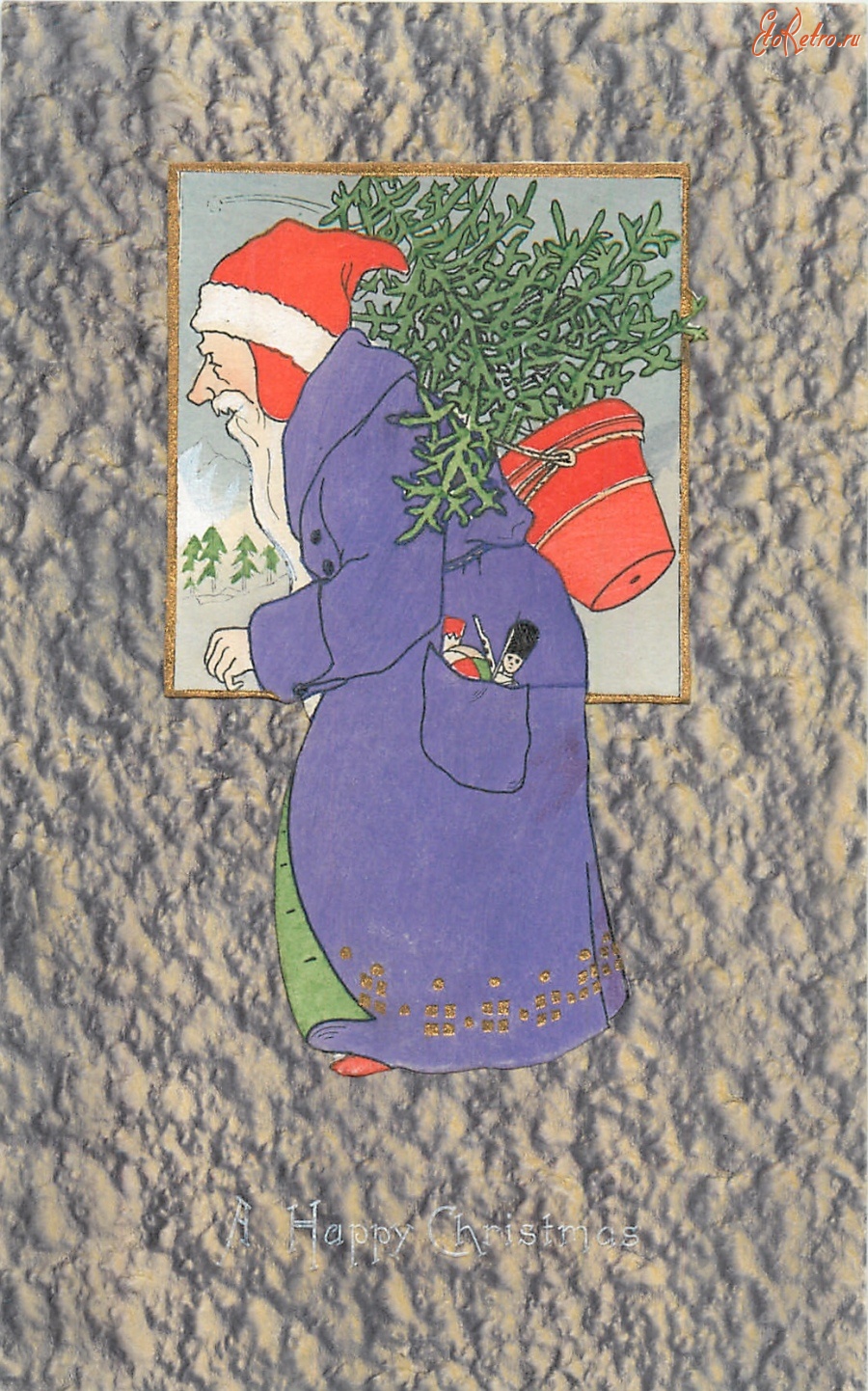 Ретро открытки - Дед Мороз и ёлка в цветочном горшке