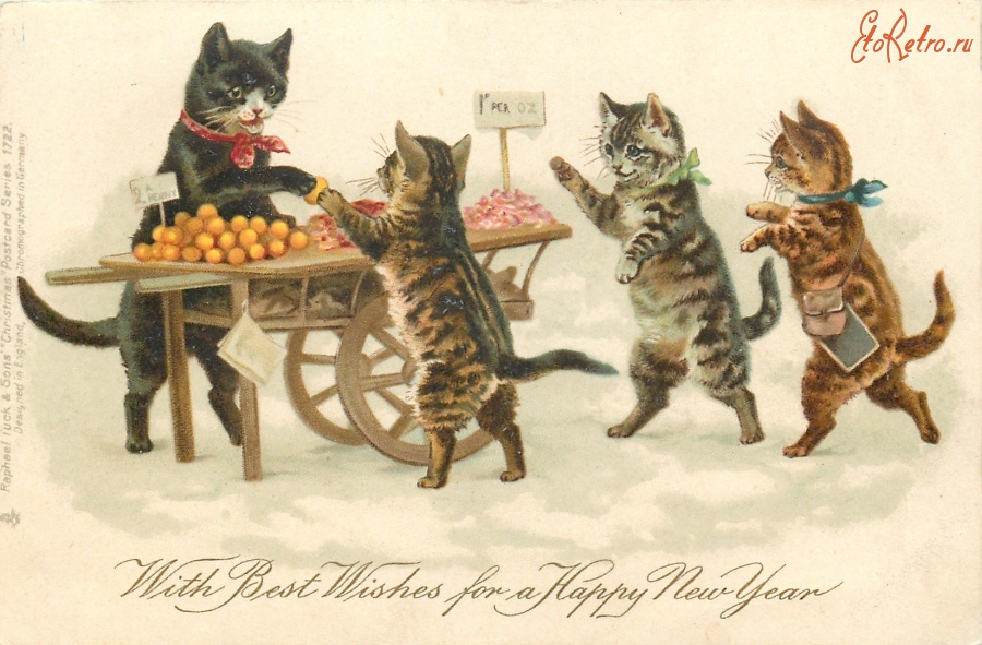 Ретро открытки - С Новым Годом. Три маленьких котёнка и ярмарка