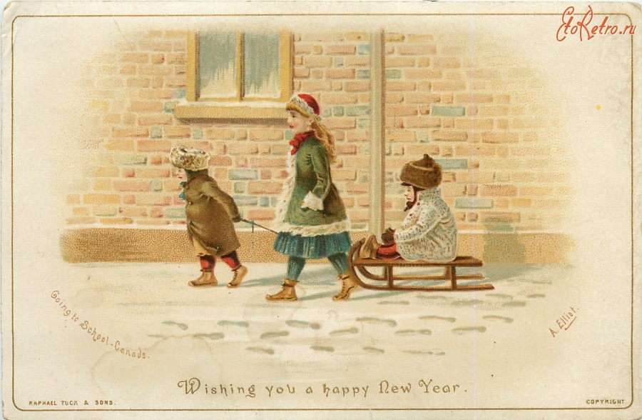 Ретро открытки - Счастливый Новый Год. По дороге в школу