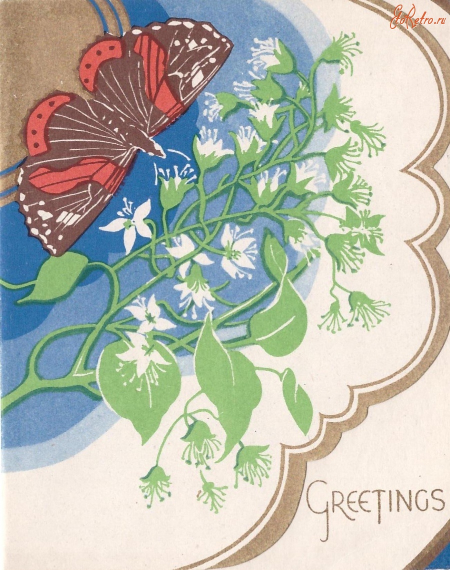 Ретро открытки - С праздником. Белые цветы и бабочка