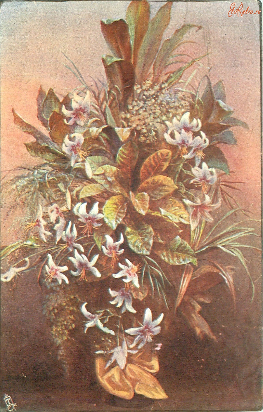 Ретро открытки - Белые лилии и листья в вазе