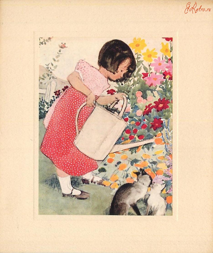 Ретро открытки - Девочка с лейкой и прекрасный сад