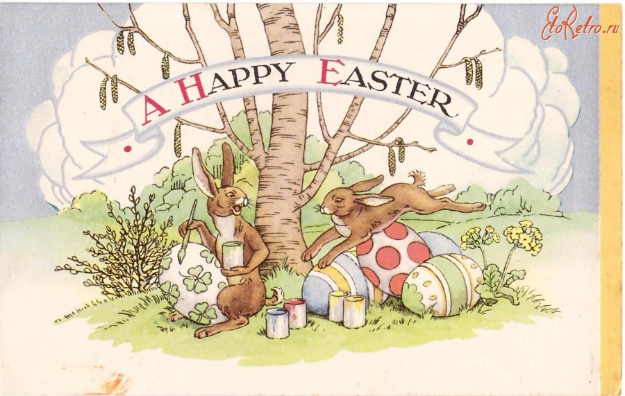 Ретро открытки - Счастливые пасхальные кролики