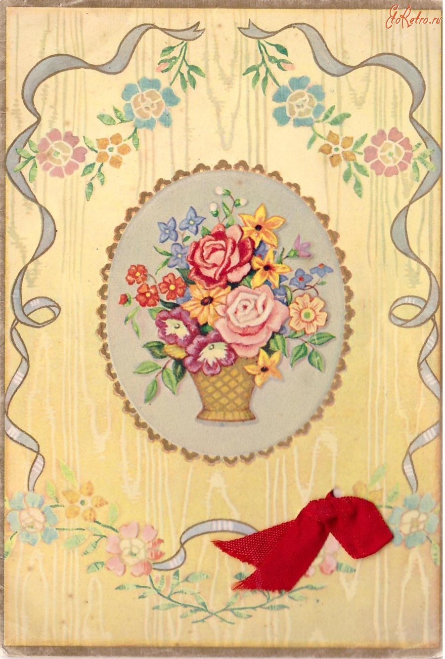 Ретро открытки - Букет цветов в корзине и цветочные гирлянды