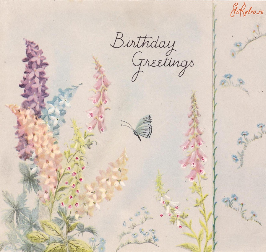 Ретро открытки - День Рождения. Садовые цветы и бабочки