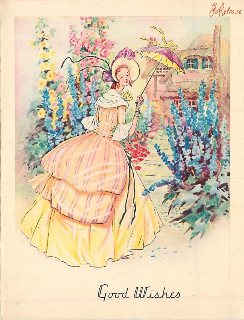 Ретро открытки - Девушка в розовом полосатом платье с бабочкой на плече