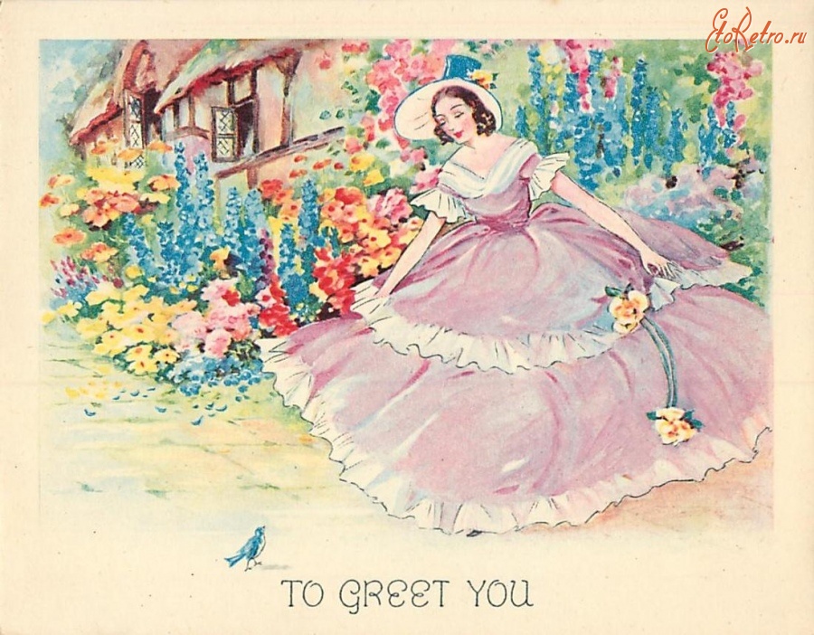 Ретро открытки - Девушка в лиловом платье перед птицей счастья