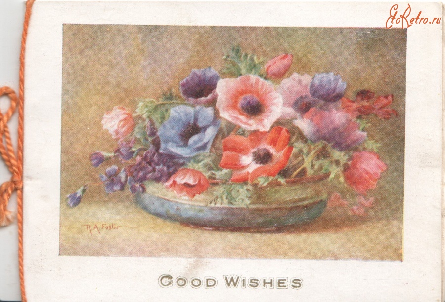 Ретро открытки - Разноцветные анемоны в голубой вазе
