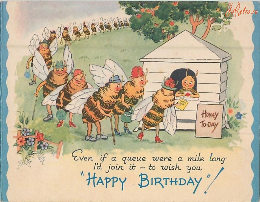 Ретро открытки - С Днём Рождения. Пчёлы с подарками